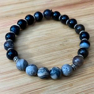 Black onyx and Jasper Gemstone Beads Gray Energy Stone bracelet